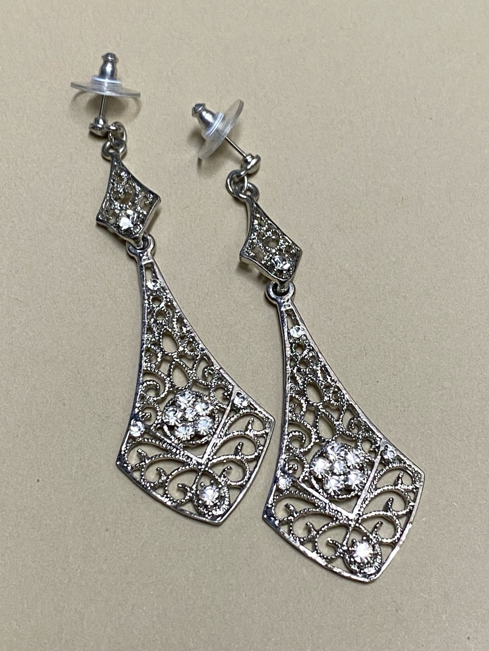 Vintage Silver Filigree Drop Earrings with Clear Crystals